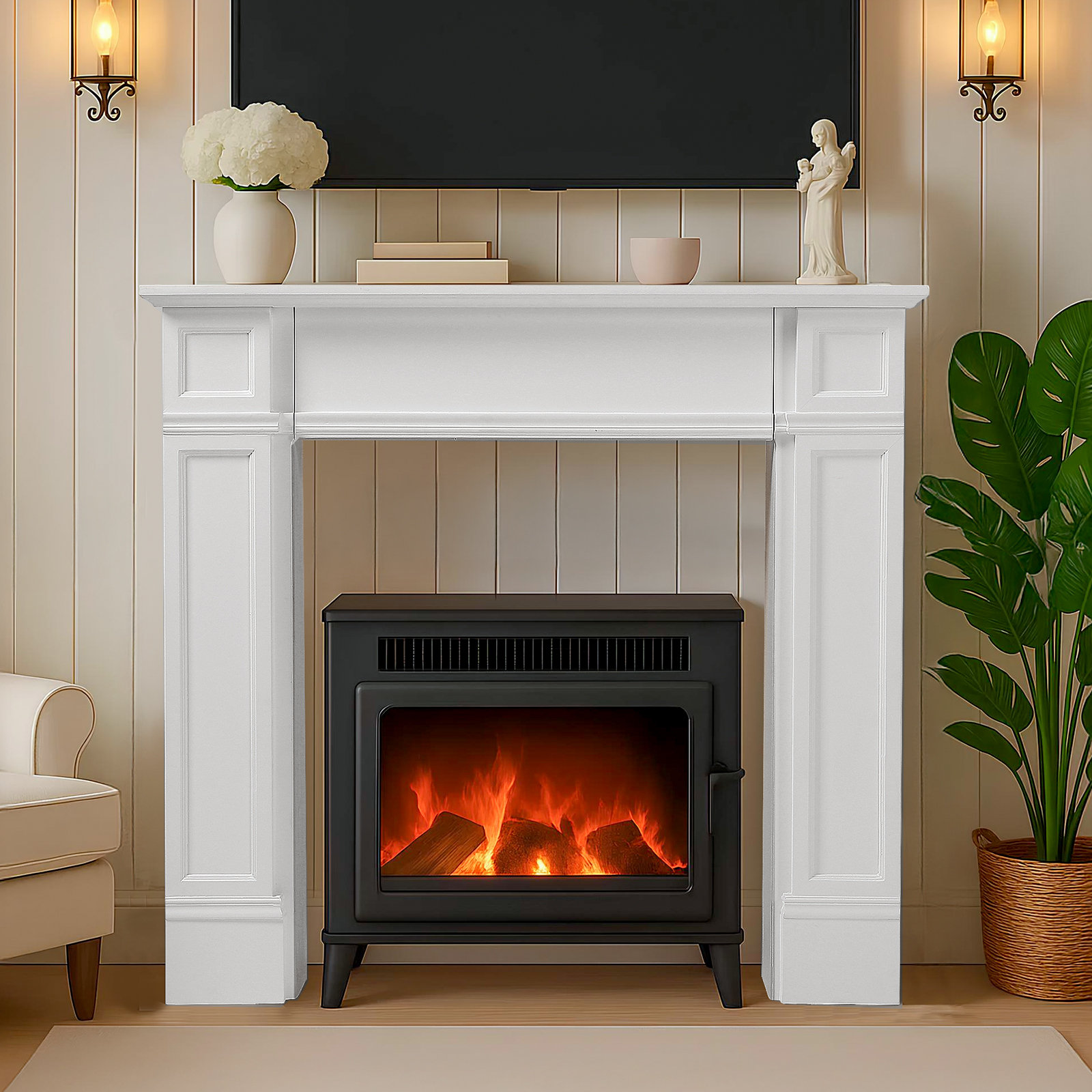 Millwood Pines Modern Fireplace Mantel, 43.27" White Wooden Fireplace